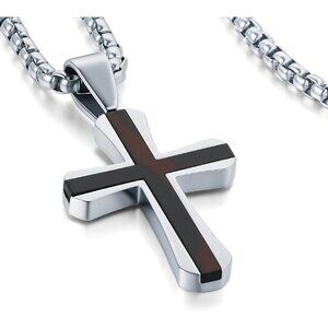 Men's 16-24 Inch Mahogany Ebony Titanium Steel Cross Box Chain Pendant